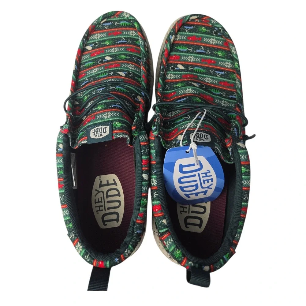 Hey Dude Wally Fishmas Sweater Shoes Mens 10 Green Christmas Slip On Loafers NWT